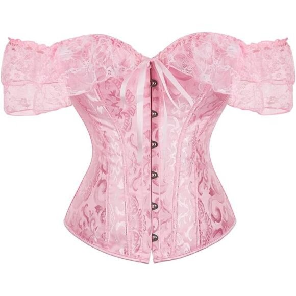Women Corset Top with Lace Sleeve Pink - Picture 1 of 7